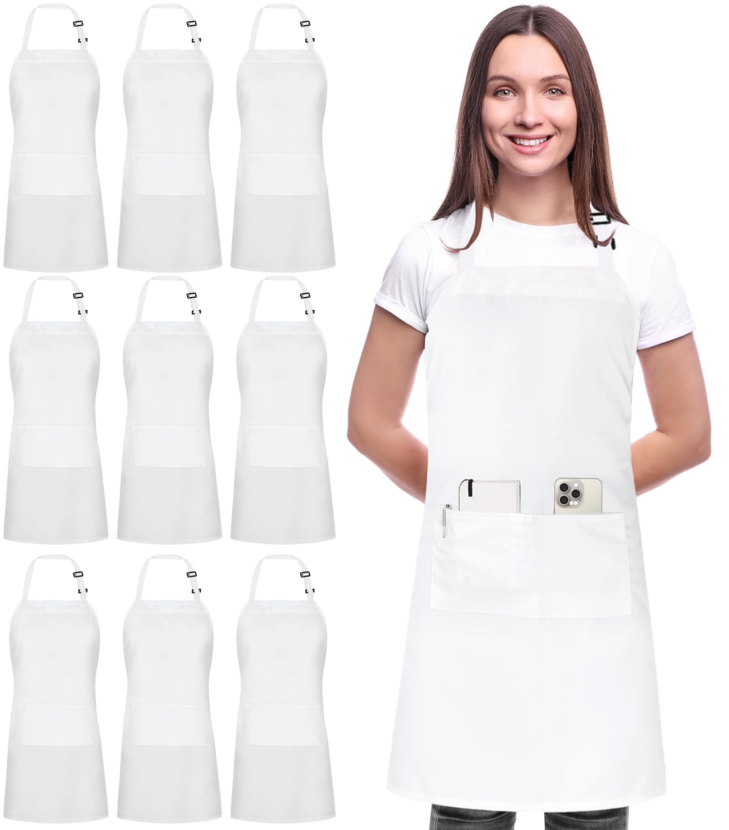 Utopia Kitchen Adjustable Bib Apron (10-Pack) Chef Cooking Kitchen Men Women Waitress Server Work Aprons with Pockets, White, 10 Pack — image 1