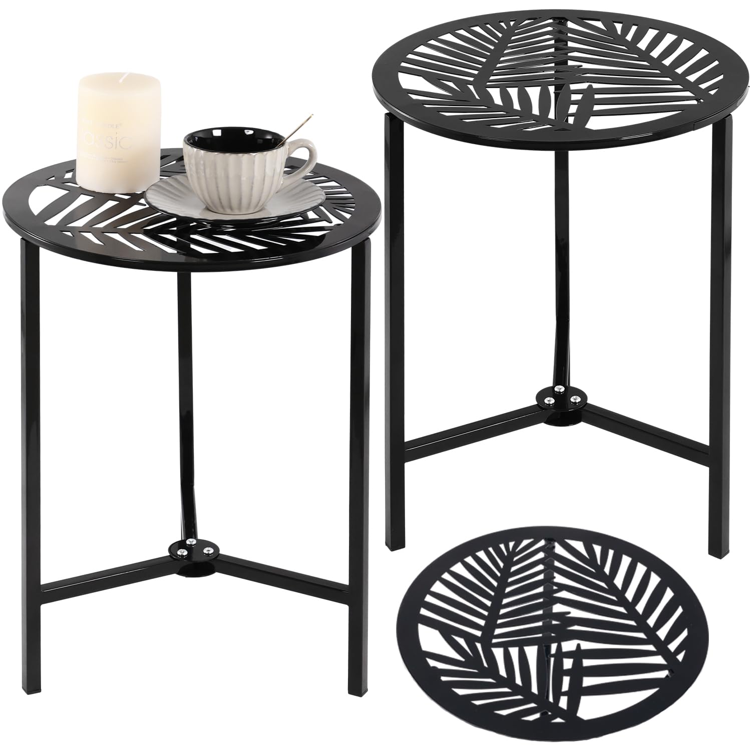Photo 1 of 2 Packs 13" Metal Outdoor Side Tables Small Black Outside End Table for Patio Round Accent Corner Stand for Small Spaces Weather-Resistant Coffee Table for Balcony Porch Plant Stand, Pinna Form Leaf