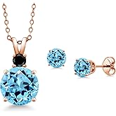 Gem Stone King 18K Rose Gold Plated Silver Round Swiss Blue Topaz and Black Diamond Pendant and Earrings Jewelry Set For Women (6.03 Cttw, Gemstone Birthstone, with 18 Inch Chain)