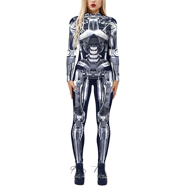 Women's Turtleneck Simulation 3D Print Robot Zipper Bodysuit Full Body