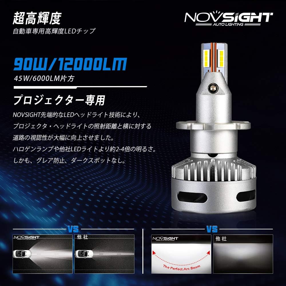 Amazon Novsight D2 D4 S R Ledヘッドライト 100lm 6000lm 2 90w 45w 2 6500k Dc 9v 22v 自動車専用ledチップ搭載 高品質バイク 車用led バルブ 2年保証 車検対応 ホワイト 2個セット Ledバルブ 車 バイク