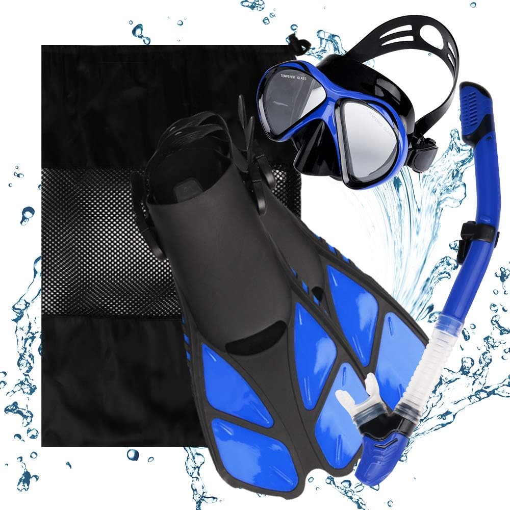 Snorkeling Snorkel Package Set Anti-Fog Dry Snorkel Set Anti-Leak Snorkel Gear Panoramic View Snorkel Mask Adjustable Strap Snorkeling Gear for Adults Kids Impact Resistant Glass Goggle Diving Mask