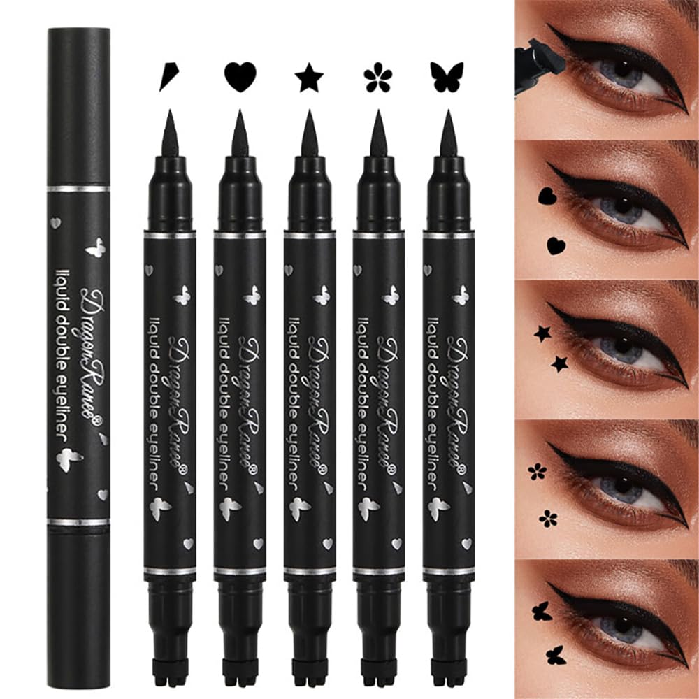 Dulele 5 PCS Black Liquid Eyeliner Stamp Pen Set, Double-Headed Waterproof Smudge-Proof Eyeliner Long Lasting Eyeliner Pen Tattoo Makeup Tool(Heart,Flower,Star,Butterfly,Triangle Seal Stamp)