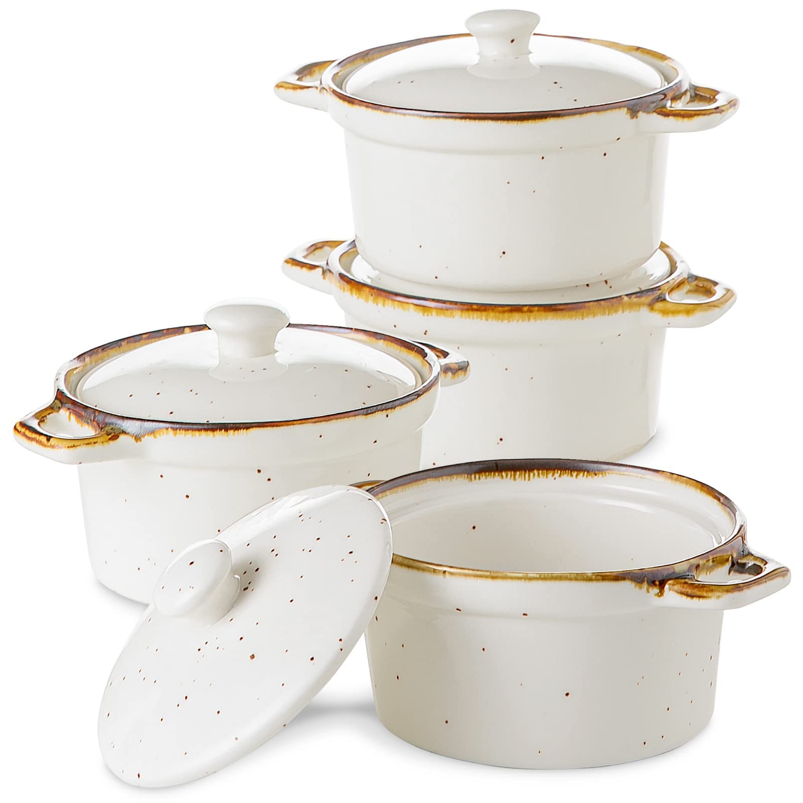 ONEMORE Ramekins with Lids, 12 oz Ceramic Mini Casserole Dish with Handles, Oven Safe Ramekins Set of 4 for Baking Soup, Creamy White