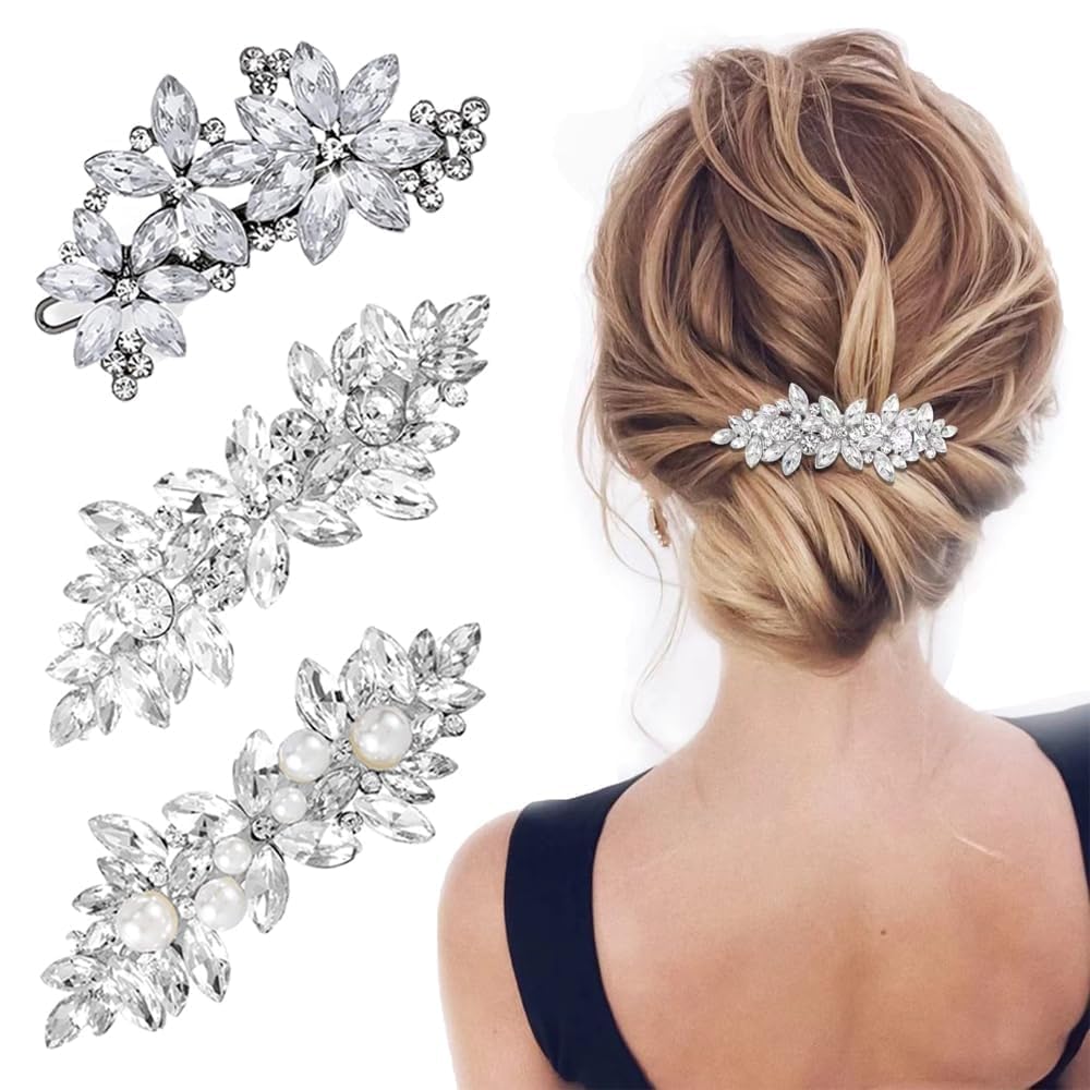 TRKETK 3 Pcs Rhinestone Hair Clips, Decoration Brooches Silver Wedding Hair Pins Pearl French Hairpins Crystal Flower Hair Barrettes Elegant Jewelry Hair Decorations for Brides Bridesmaids Girls