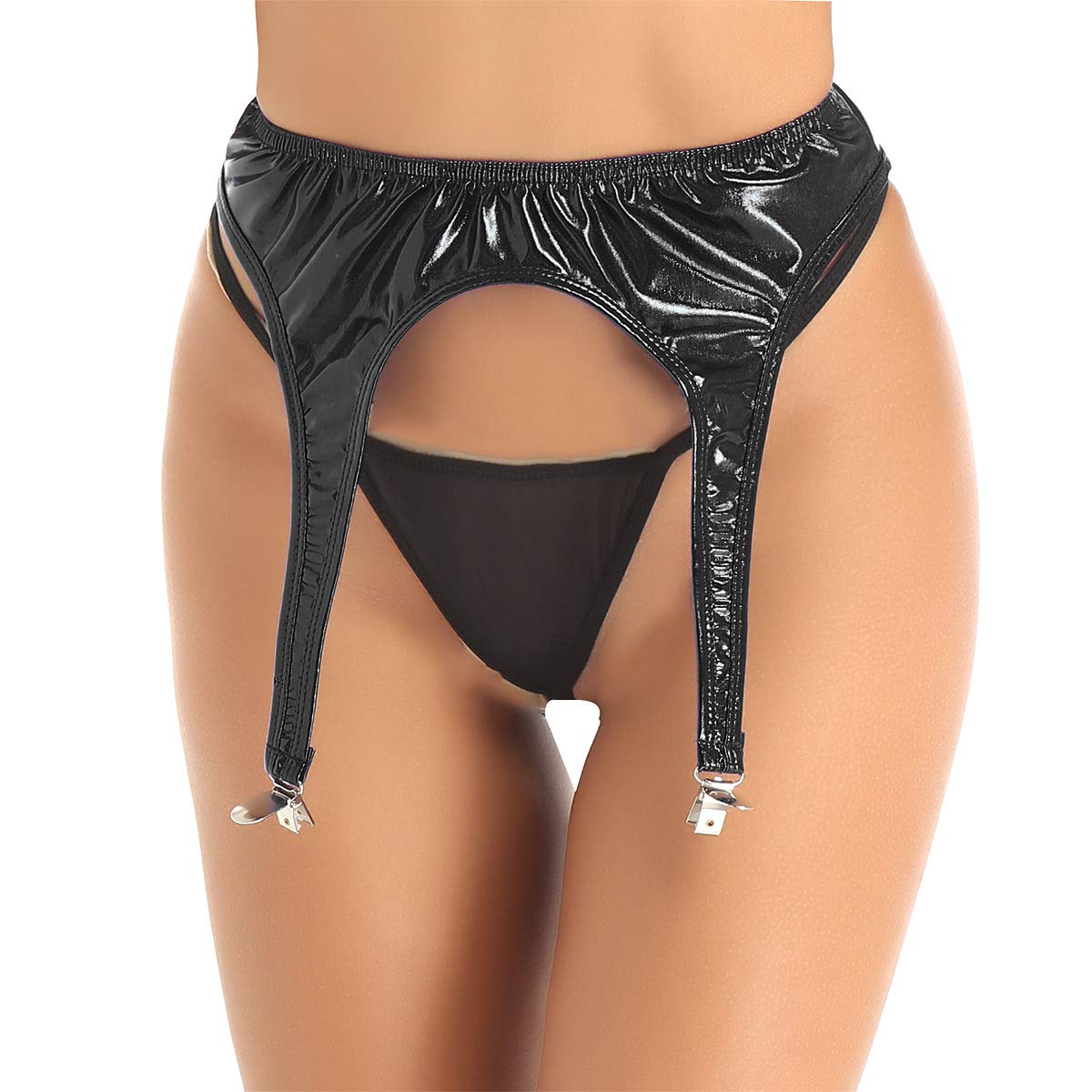 FEESHOW Women's Shiny Metallic Garter Belt Underwear with Clips Suspender for Stockings Black One Size