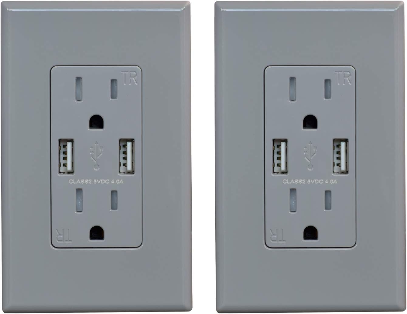 (2 Pack, Glossy Gray) ELEGRP USB Outlet Wall Charger, Dual High Speed 4.0 Amp USB Ports with Smart Chip, 15 Amp Duplex Tamper Resistant Receptacle Plug NEMA 5-15R, Wall Plate Included, UL Listed - - 