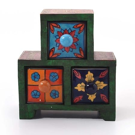 Creative Studio Wooden Ceramic Blue Pottery Triple Drawer Set