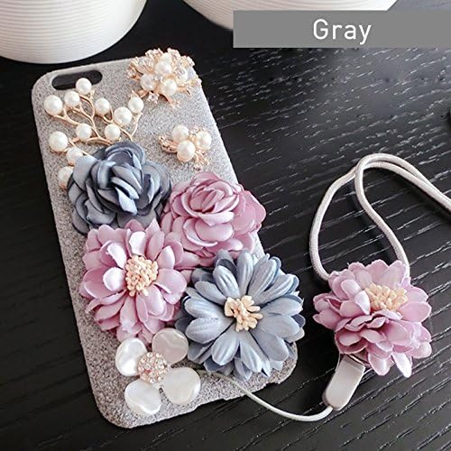 iPhone 7 Case, Aimell Luxury Handmade 3D Vintage Pearl Case Fabric Flower Back Skin Cover For iPhone 7 With Detachable Flower Lanyard Neck Strap (Gray)