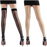 G&Y 4 Pairs Women's Backseam Thigh High Stockings - 20D Sheer Top Nylon Stay Up Pantyhose with Reinforced Toe