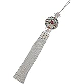 Seoulful Vintage Five Blessings Korean Norigae - Traditional Embroidered Peony, Deer and Crane Tassel Charm - Hanbok Accessory New Year's Gifts (White)