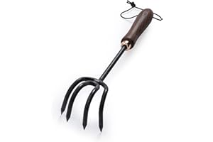 Barebones Cultivator - Weed Remover Tool - Garden Rake and Weeding Tool for Yard Work - Stainless Steel Cultivator for Raking Soil (Walnut/Black)