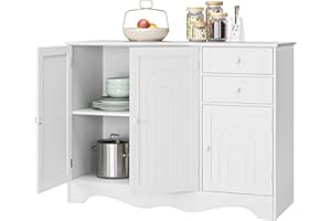 HORSTORS White Sideboard Buffet Cabinet with Storage, Kitchen Buffet Storage Cabinet with 2 Drawers & 3 Doors, Wood Coffee Bar Buffet Table Console Cabinet for Kitchen, Dining Room, White