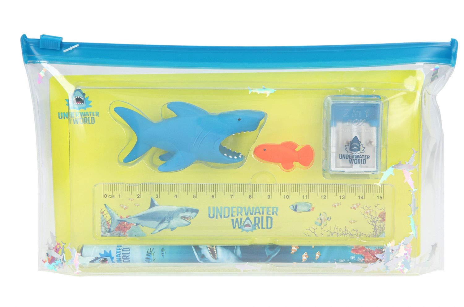 Depesche 7838 Dino World Underwater Stationery Set in Pouch 9" x 5" x 1" 6 Pieces with Pencil, Eraser, Ruler and Sharpener