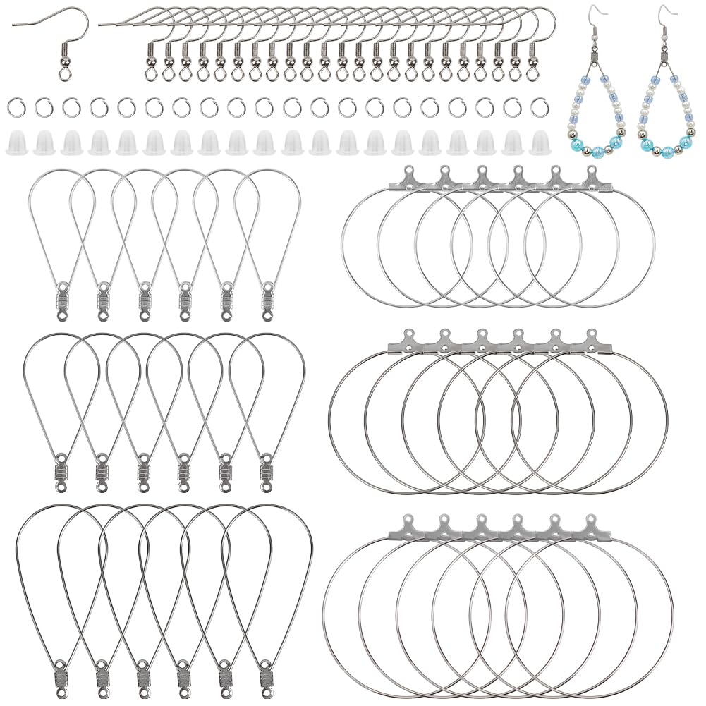 SUNNYCLUE 1 Box 360Pcs Earring Beading Hoop Set Earring Making Kit Stainless Steel 60Pcs Beading Hoop 100Pcs Hooks 100Pcs Jump Rings 100Pcs Ear Nuts for Jewellery Making Findings Earrings DIY Crafts