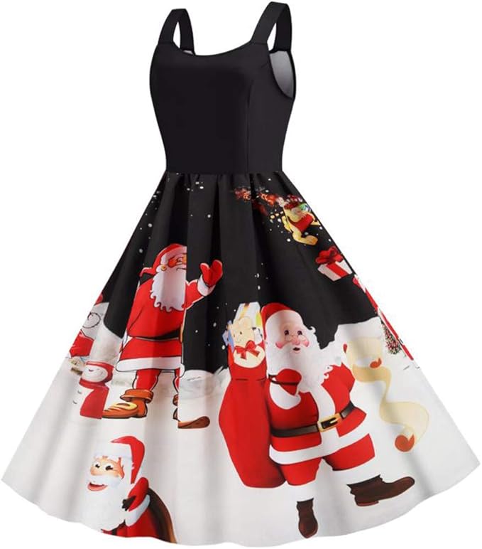 Fhuuly Women's Christmas Dress Sleeveless Party Dress Printed Dress: Amazon.co.uk: Clothing