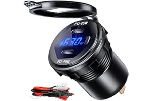 GOBGOD Dual USB C Car Charger Socket 12V/24V USB Outlet, 45W PD Type C Car Dual USB Port Fast Charger with LED Voltmeter & Bu