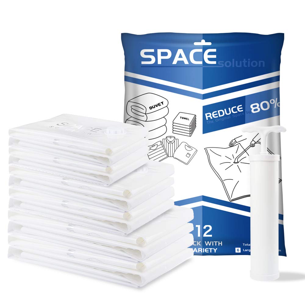 [12 Pack] Vacuum Storage Bags. Hand-Pump for Travel! Double-Zip Seal and Triple Seal Turbo-Valve for 80% More Space Saving for Clothing Bedding Blankets Pillows Sweater Comforters