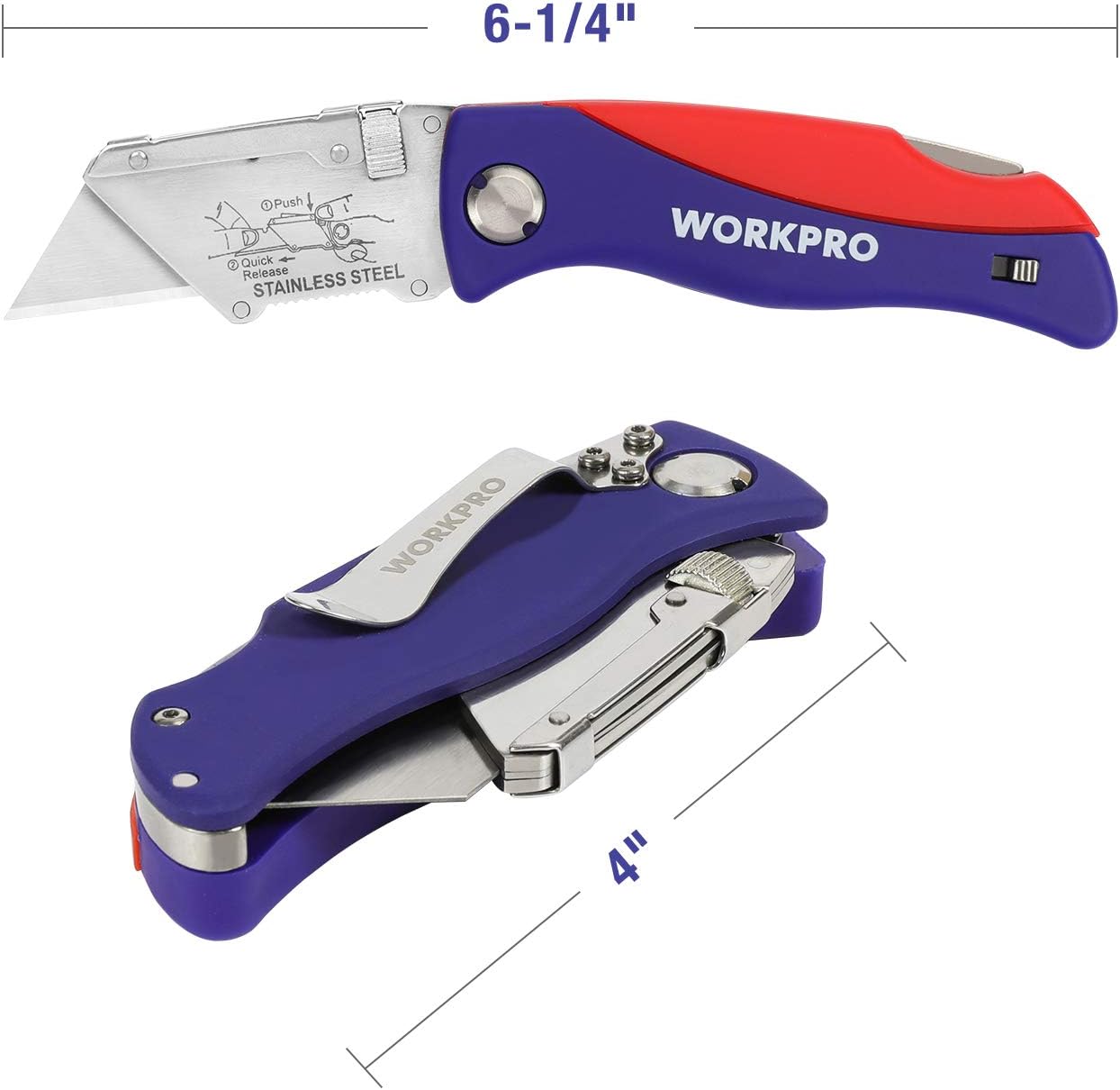 WORKPRO Folding Utility Knife Quick-change Box Cutter, 15 Blades Included, 5 Blades in Handle and 10 Extra Blades in Small Box, SK5 Blades, 1-Pack - - 