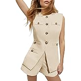 Tankaneo Womens 2 Piece Outfits Casual Suit Sets Sleeveless Button Down Blazer Vest Shorts Office Business Matching Set