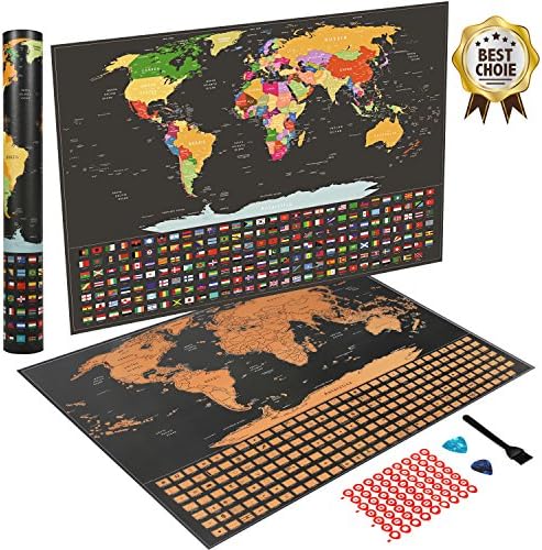 Scratch Off World Map Poster, Travel Tracker Map with Country Flags, Includes Scratchers, Brush and Memory Stickers, Perfect Gift for Travelers – Size 22.5" x 16.5"