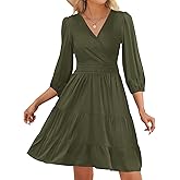PerZeal Women's Wrap V Neck 3/4 Sleeve Wedding Guest Dress Elastic Waist Tiered Belted Ruffle Hem Mini Dress