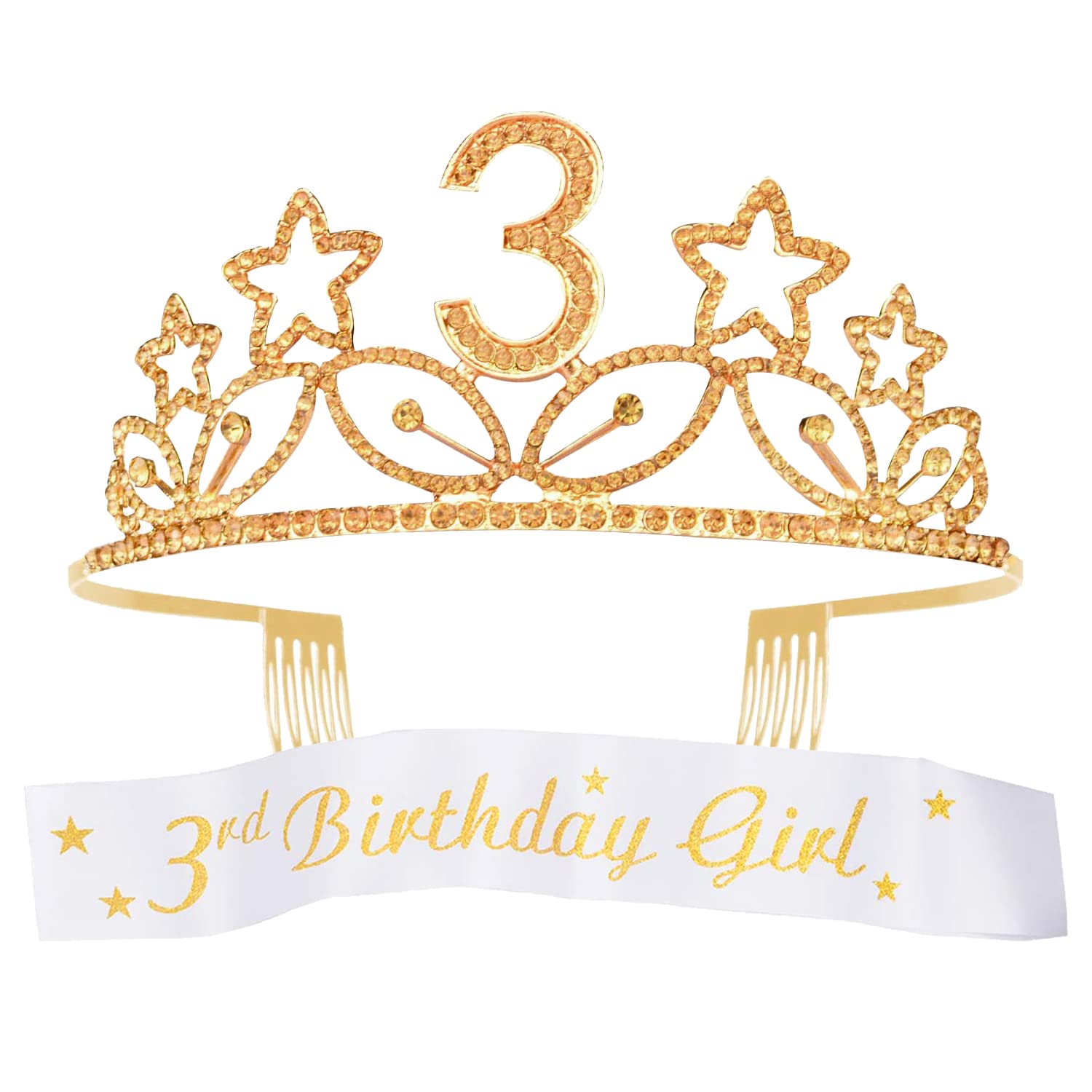 Photo 1 of 3rd Birthday Sash and Tiara for Girls - Fabulous Glitter Sash + Stars Rhinestone Gold Premium Metal Tiara for Girls, 3rd Birthday Gifts for Princess Party