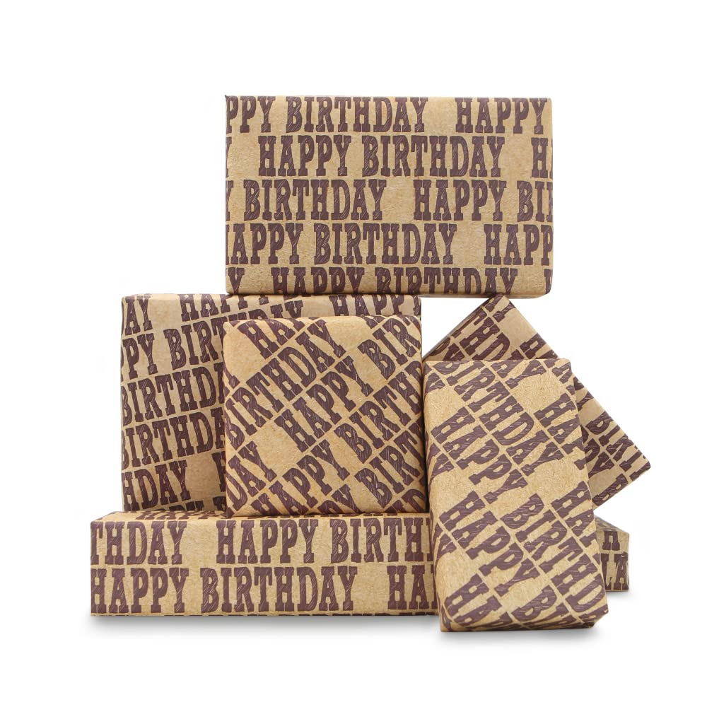 Happy Birthday Wrapping Paper for Men Boys Women Girls Adults, Vintage Retro Recycled Vintage Gift Wrap Paper Brown Colour, 6 Sheets Folded Flat 50x70cm Per Sheet