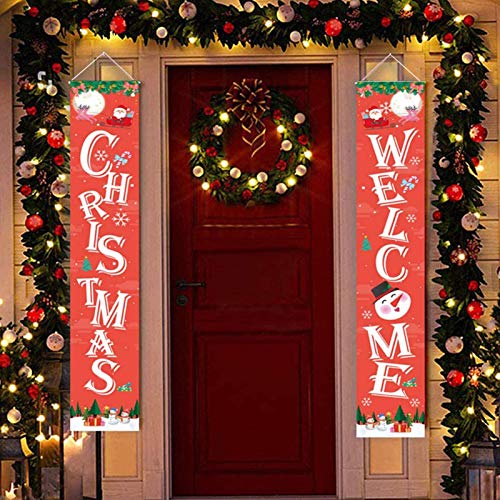 Directtyteam Christmas Porch Sign, Welcome and Christmas - Xmas Hanging Christmas Banners for Holiday Home Indoor Outdoor Porch Wall Door Curtain Decoration