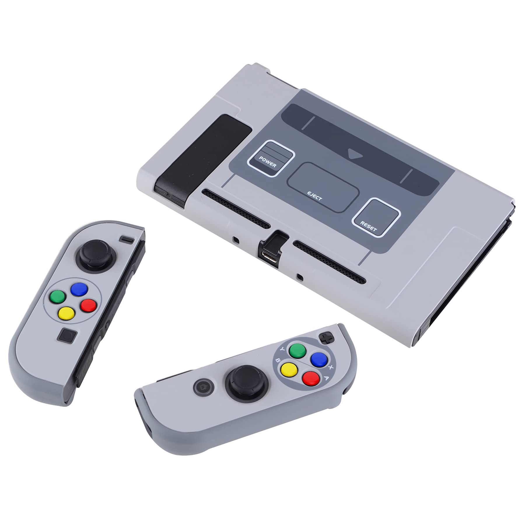 eXtremeRate PlayVital Back Cover for Nintendo Switch, NS Joycon Handheld Controller Protector Hard Shell, Dockable Protective Case with Colorful ABXY Direction Button Caps - SFC SNES Classic EU Style