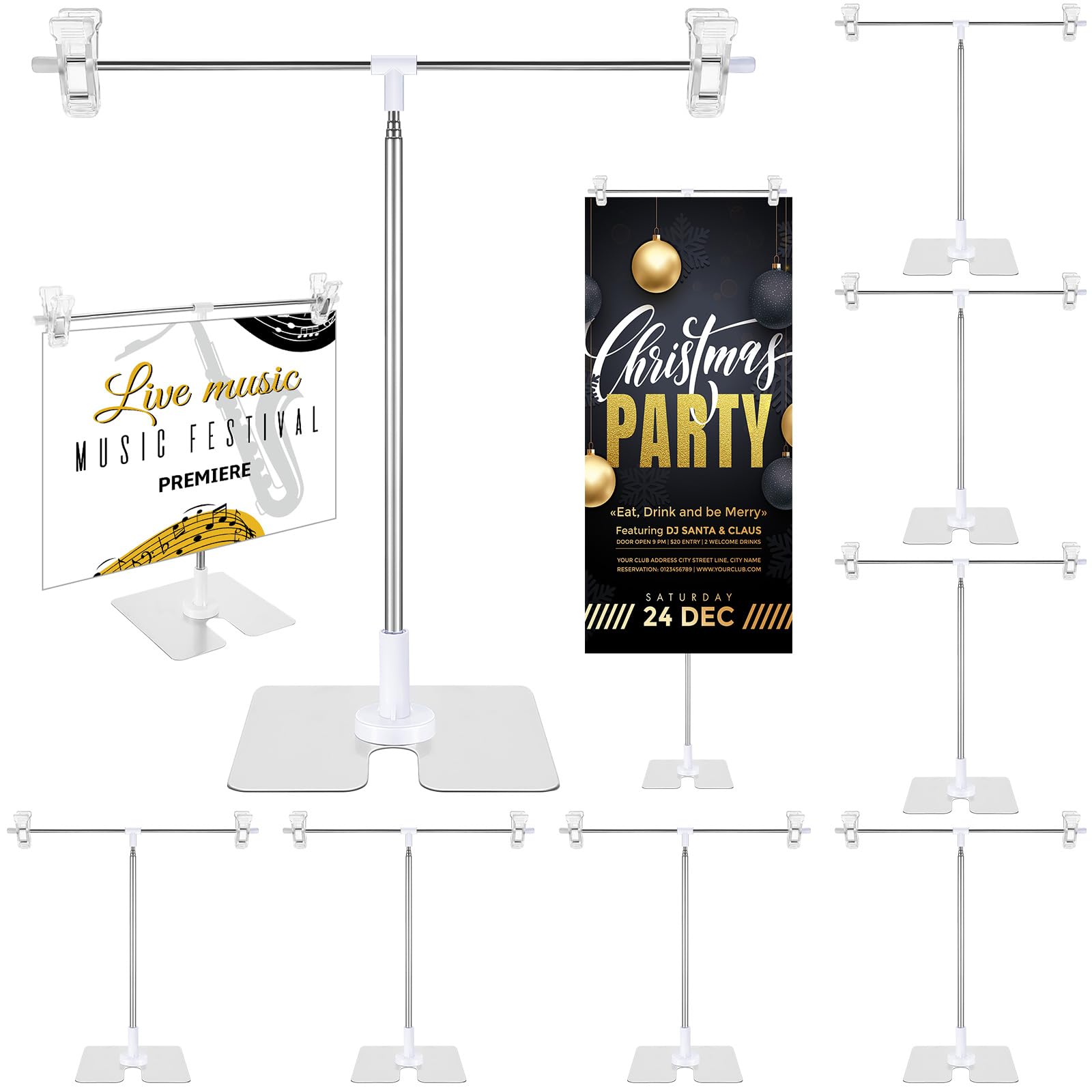 Photo 1 of Dunzy 4 Pack Adjustable 11 in - 36.6 in High Metal Banner Holder Table Top Banner Display Poster Stand T Shaped Stand Desktop Business Poster Holder Advertising Display Sign Indoor Outdoor