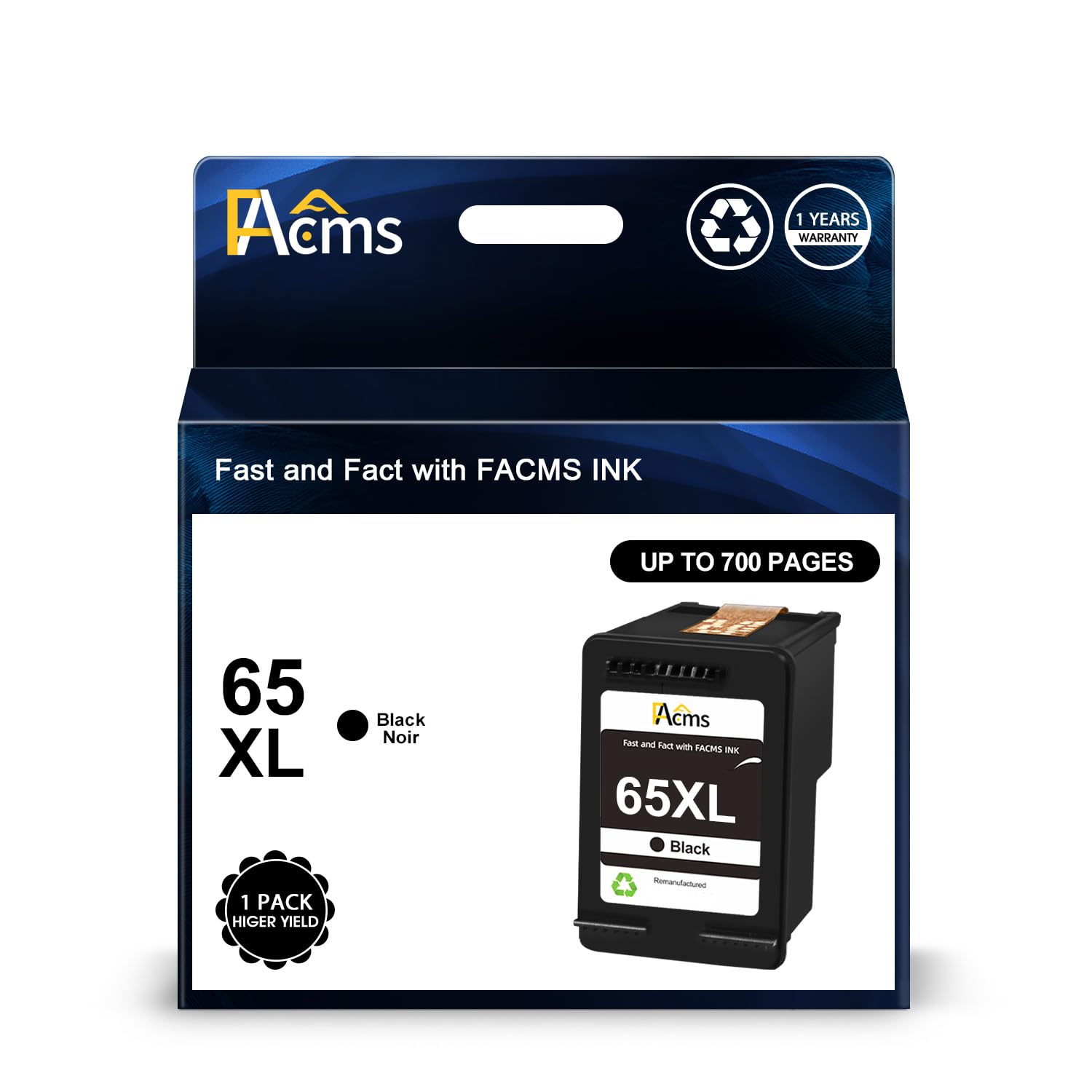 Photo 1 of FACMS 65XL Black Ink Cartridge Remanufactured Ink Cartridge Replacement for HP 65 65XL Ink for Deskjet 2680 2655 3755 3758 3700 Envy 5055 5052 5058 Printer (1 Black)