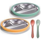Maccvk Stainless Steel Toddler Plate with Suction, 9” Divided Plates with Removable Silicone Sleeves for Kids, Non Toxic & BPA Free | Non Slip | Unbreakable Baby Snack Dishes Set of 2, Green & Orange