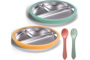 Maccvk Stainless Steel Toddler Plate with Suction, 9” Divided Plates with Removable Silicone Sleeves for Kids, Non Toxic & BPA Free | Non Slip | Unbreakable Baby Snack Dishes Set of 2, Green & Orange