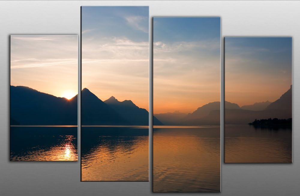 Large Sunset Seascape Canvas Picture 4 pieces multi panel split canvas completely ready to hang hanging cord attached, hanging template included for easy hanging, hand made printed to order UK company 40โ width 28โ height