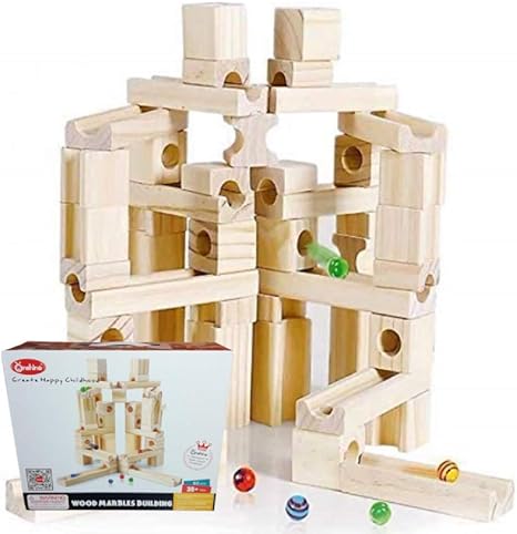 Amazon Happynuts ビー玉転がし 60pcs 積み木 木製 玉転がし 知育玩具 おもちゃ 立体パズル キュボロ Cuboro 類似 スロープトイ おもちゃ