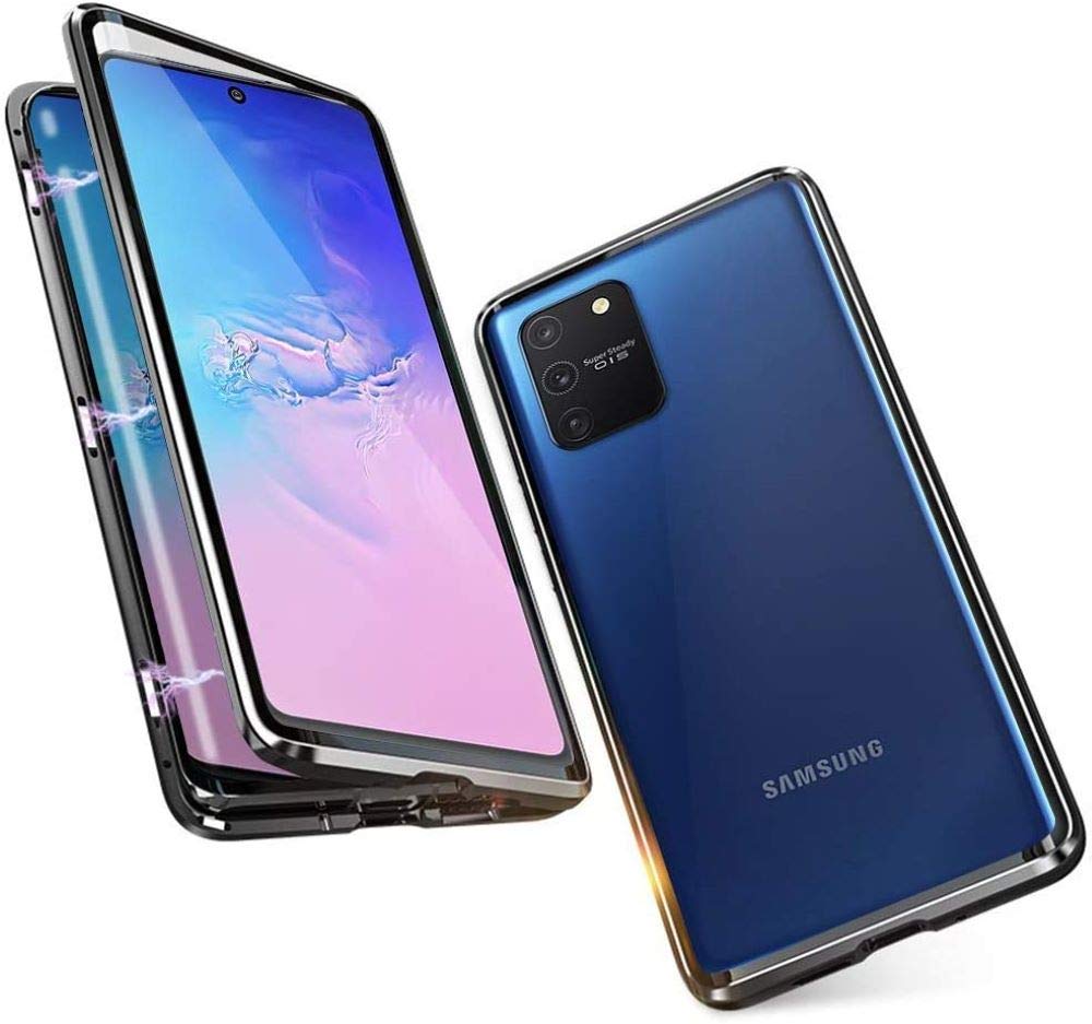 Case for Samsung Galaxy S10 Lite Cover Magnetic Adsorption Metal Frame + Front and Back Tempered Glass Transparent Flip Cover Ultra Thin Full Body Screen 360 Degrees Coverage Protective Case,Black