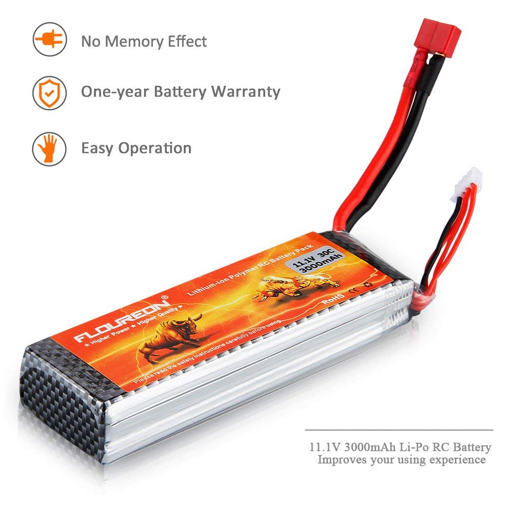 FLOUREON Lipo 3S 30C 11.1V 3000mAh T Plug Rechargeable RC Battery Pack for Car Truck Boat Traxxas Slash Emaxx Monster HPI Kyosho UAV FPV Drones DIY Hobby and More (2pack)