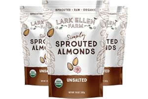 Lark Ellen Farm Organic Sprouted Almonds, Unsalted – USDA Organic, Raw, Vegan, Gluten-Free, Non-GMO, Paleo-Friendly, Plant-Based Protein Snack, Resealable Bag to Retain Freshness, 10 oz (3-Pack)