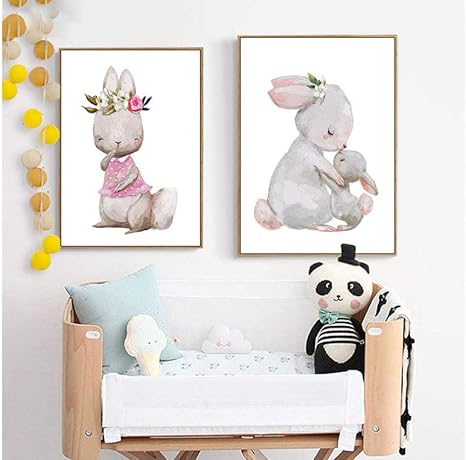 Amazon かわいいウサギのバニーのポスターとプリントかわいい漫画の動物の保育園のキャンバスの絵画北欧の壁の芸術の絵の子供部屋の家の装飾50x70cmx2pcsフレームレス ウォールステッカー オンライン通販