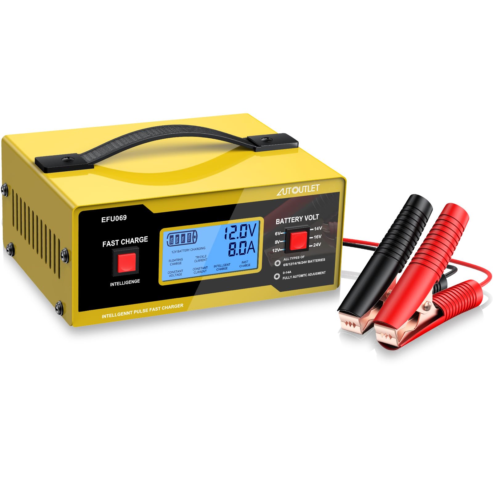AUTOUTLET Ladegerät Autobatterie, 6/8/12/14/24V Smart vollautomatische KFZ Batterieladegerät Erhaltungsladegerät mit LCD Bildschirm, 0-14A Batterie Ladegerät für Auto Motorrad Rasenmäher Boot(Gelb) 9