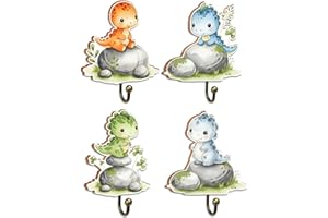 EQIUAG Dinosaur Baby Room Decor, 4Pcs Wooden Wall Hooks, Dinosaur Nursery Hook Cute Towel Hanger, 4 Hooks for Hanging Clothes