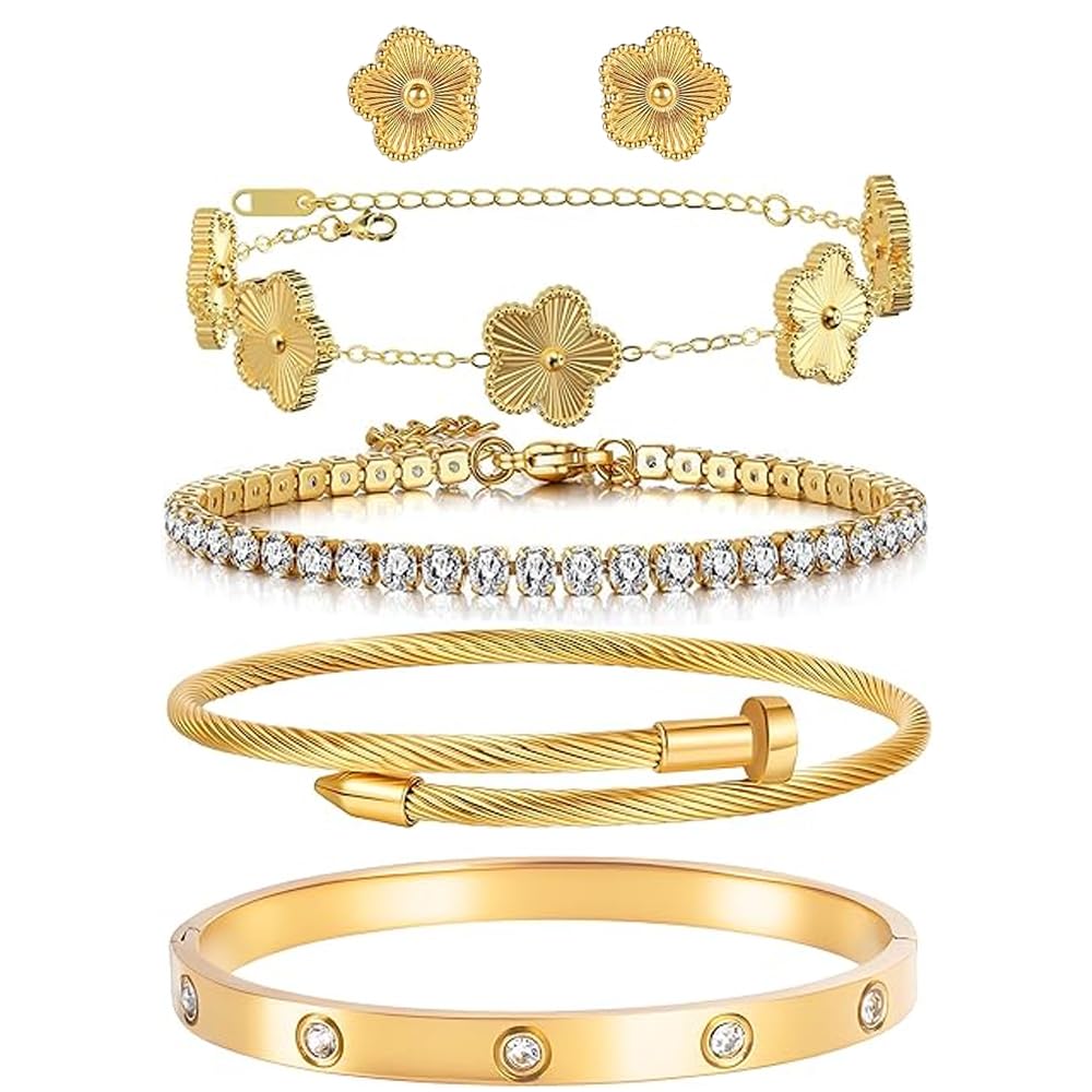Freinit Bracelets and Earrings Set for Women 5Pcs 18K Gold Plated Nail love Bangle Bracelet Set Adjustable Bracelet Stackable Flower Tennis Bracelet Gifts for Christmas Valentines Women's Day and Mother's Day