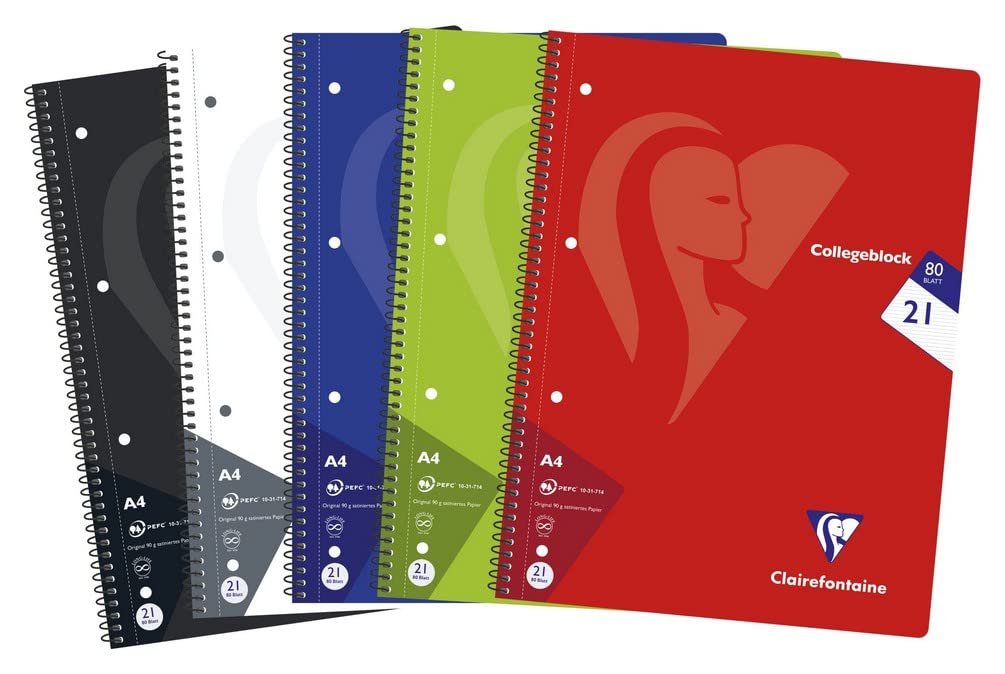 Clairefontaine 307256C - One Pack of 5 School Notebooks - DIN - Dimensions: A4 21 cm x 29.7 cm - 160 Pages - 90 g - Ruled Format - Assorted Colours - 1 Pack