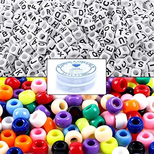 Amaney 1000pcs Beads Kit, Letter Beads, Large Hole Pony Beads Multi Color, White Acrylic Alphabet Beads for Name Bracelets, Jewelry Making and Crafts with 2 Roll Elastic String Cords