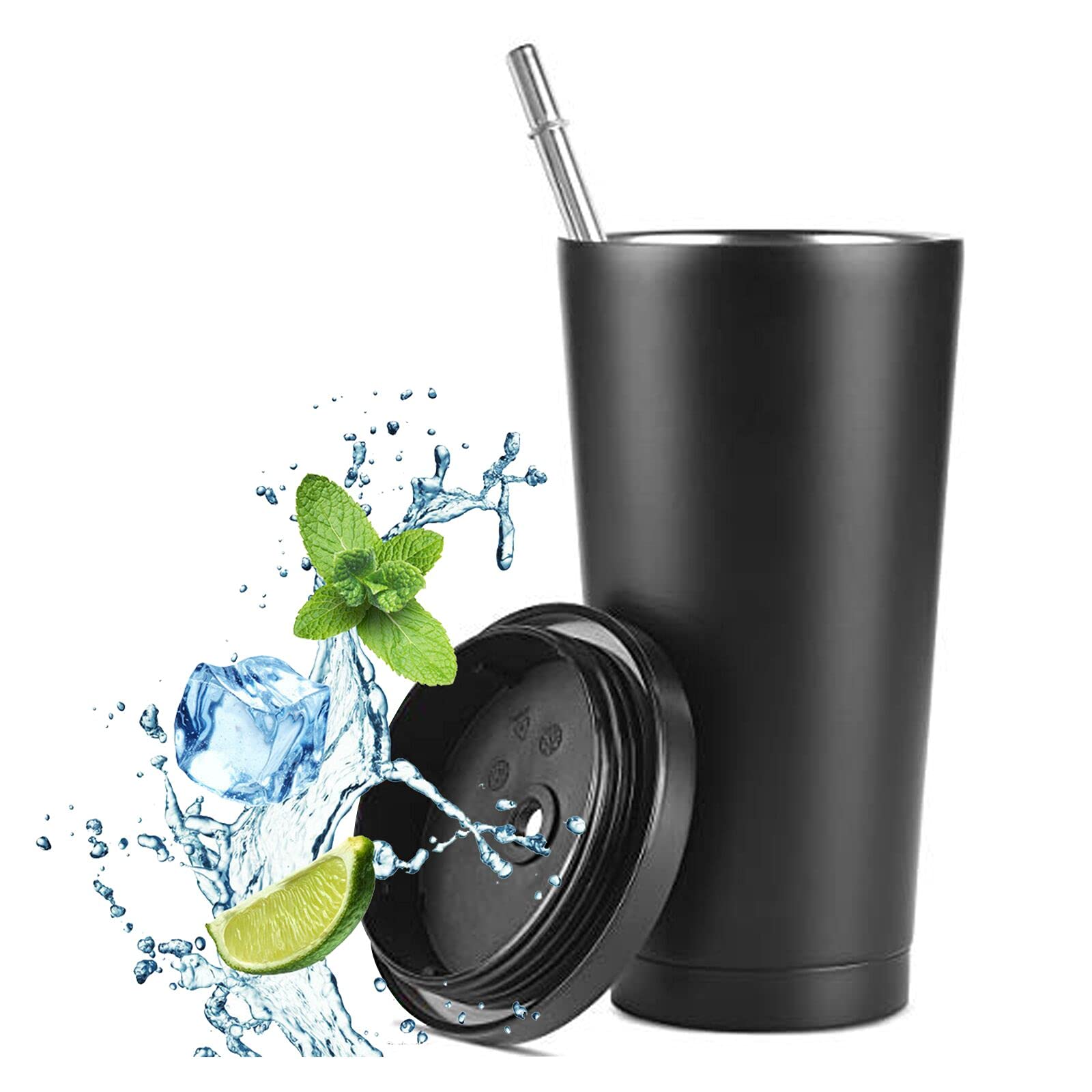 flintronic 500ML Travel Mug Tumbler with Straw and Leakproof Lid, Coffee Mug Tea Cup Flask, Double-wall Vacuum Insulated Stainless Steel Tumbler for Cold or Hot Drinking with 1 Cleaning Brush