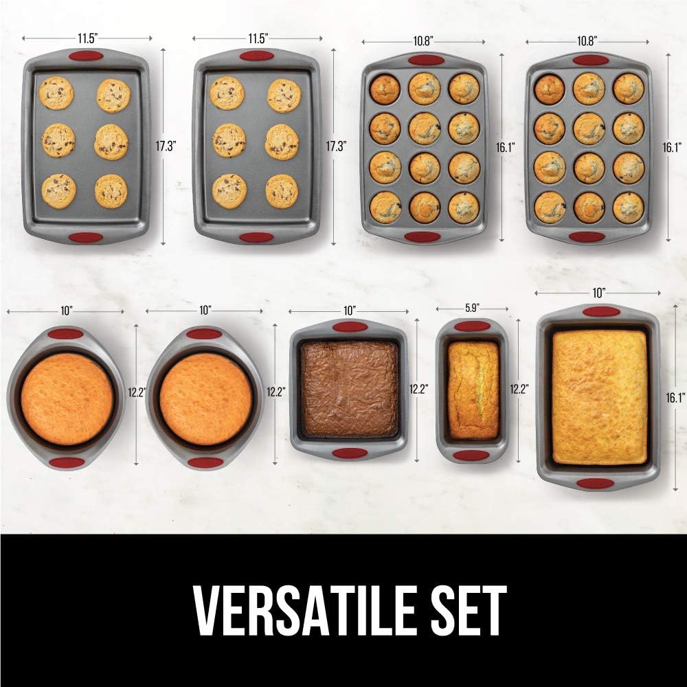 Gorilla Grip Original Kitchen Bakeware Sets, 9 Piece Baking Set with Silicone Handles, Includes 2 Large Size Cookie Sheets, 2 Round Cake Pans, 2 Muffin Pans, Loaf Pan, Large Roaster, Square Pan, Red: Kitchen & Dining