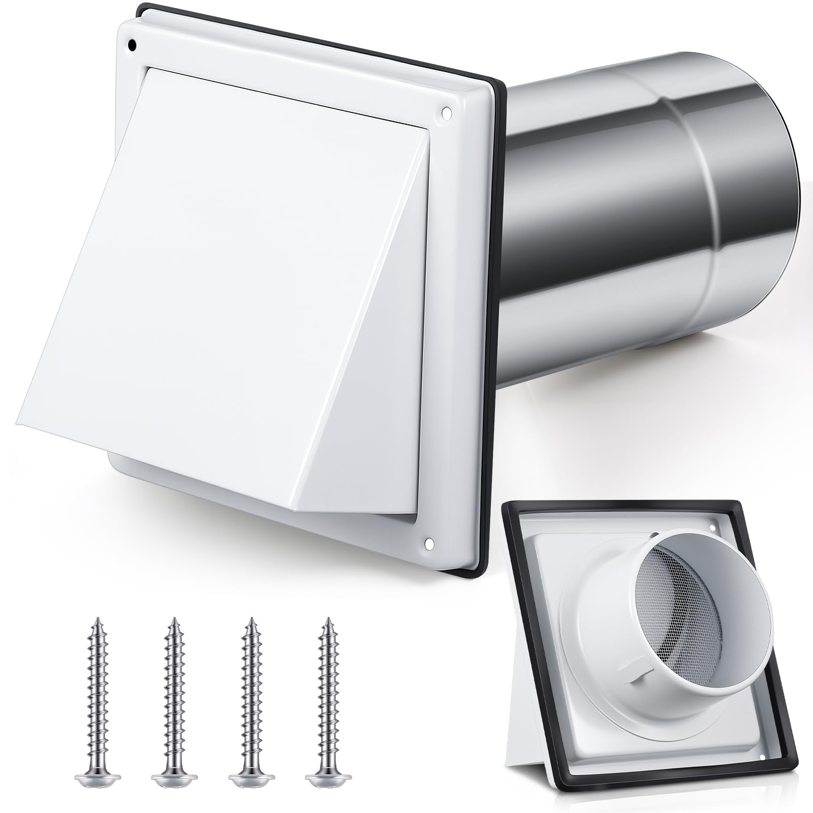 Photo 1 of **PARTIAL SET/MISSING PIECES** Gisafai 4" Dryer Vent Cover Outside with Stainless Steel Guard Wall Dryer Exhaust Cap and Removable Extended Pipe Vent Shroud Hood Cushioned Non Return Flap with Sealing Gasket Grille(White)