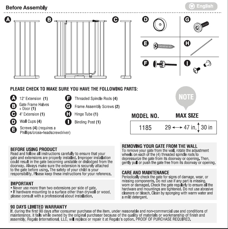Regalo Easy Open 47-Inch Super Wide Walk Thru Baby Gate, Bonus Kit, Includes 4-Inch and 12-Inch Extension Kit, 4 Pack Pressure Mount Kit and 4 Wall Cups and Mounting Kit, 11 Count (Pack of 1)