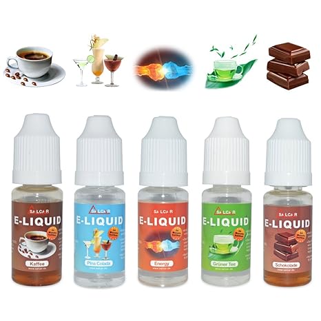 Salcar® E-Liquid Getraenke Set 0,0mg Nikotin, 1er Pack (5x 10ml) für E-Zigarette (Energy, Kaffe, Grüner Tee, Heisse Schokolad